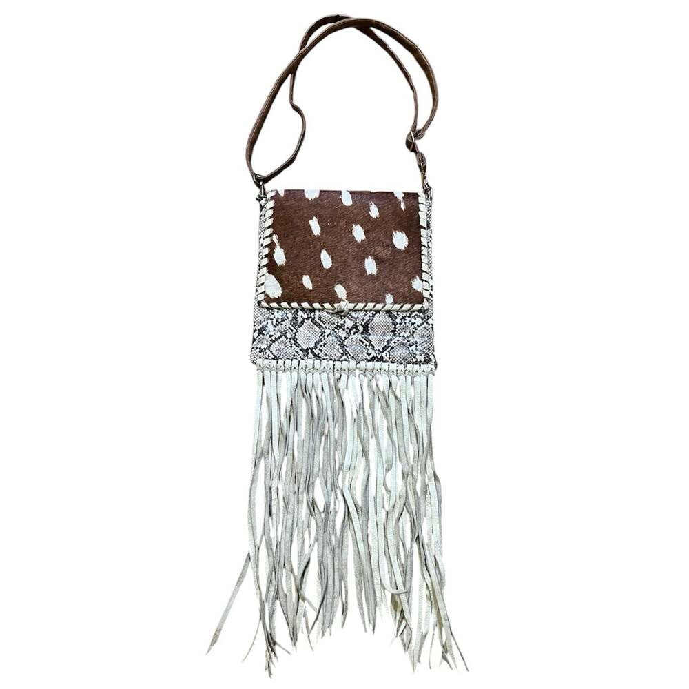 Hand-Tooled Cowhide Hair-On Snakeskin Leather Fringe Shoulder Bag Adjustable